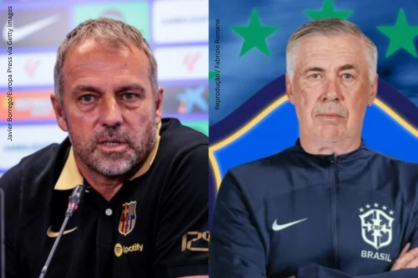 Imagem colorida dos técnicos Flick, do Barcelona e Ancelotti, da Seleção Brasileira