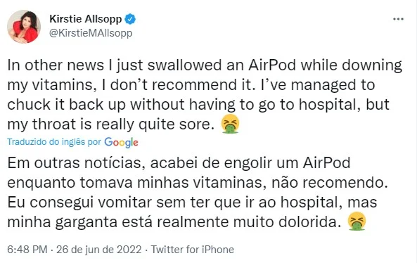 No Twitter, Kirstie Allsopp contou que engoliu o AirPod acidentalmente No Twitter, Kirstie Allsopp contou que engoliu o AirPod acidentalmente