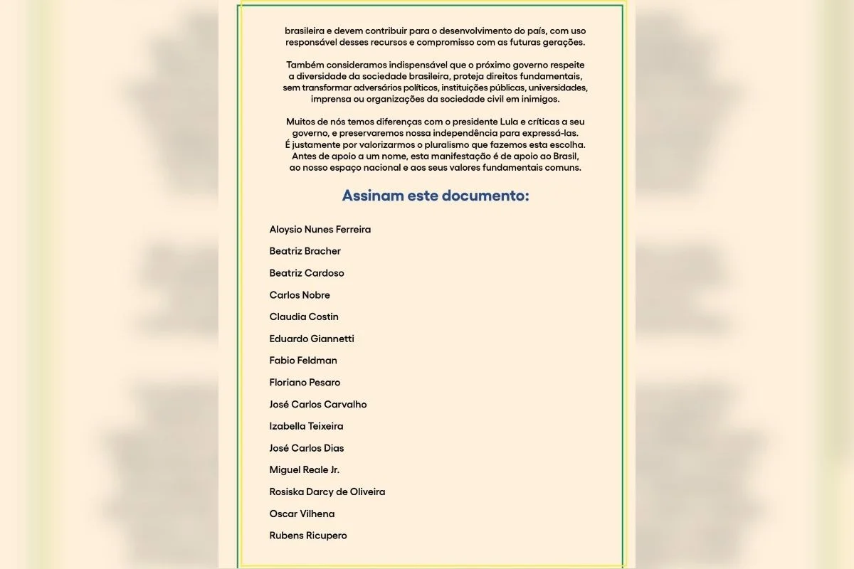 Personalidades de direita assinam manifesto em defesa da reeleição de Lula Personalidades de direita assinam manifesto em defesa da reeleição de Lula