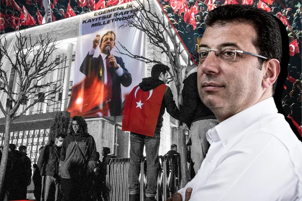 Imagem colorida de homem com manifestações no fundo