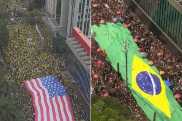 Imagem colorida, Paulista: esquerda abre bandeira do Brasil onde direita pôs a dos EUA - Metrópoles