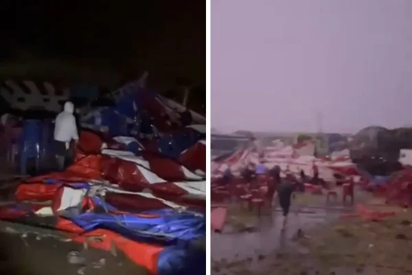 Montagem com fotos coloridas de estrutura de circo após desabamento - Metrópoles