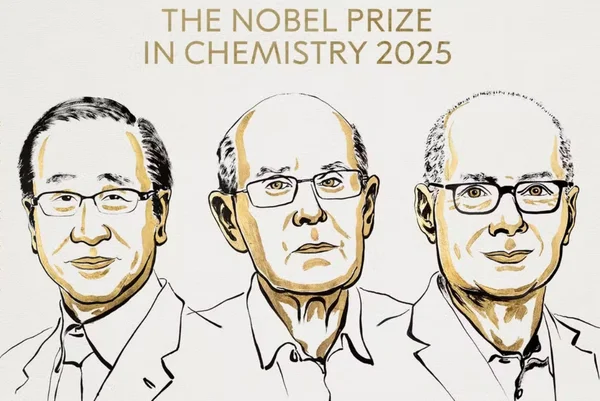 Ilustração mostra os vencedores de Prêmio Nobel Química de 2025