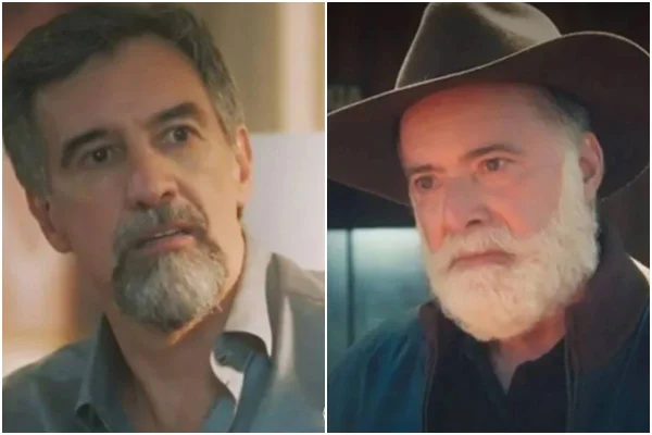 Montagem colorida de Ademir e Antônio, personagens da novela Terra e Paixão - Metrópoles
