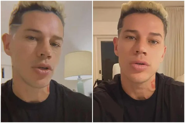 Montagem com duas fotos de um homem branco com cabelo loiro e blusa preta - Metrópoles