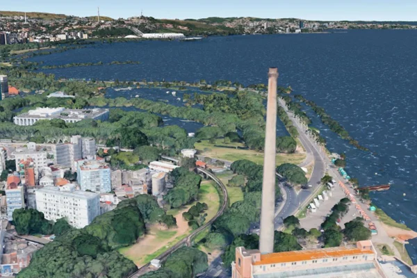 Projeção colorida do Gasômetro em Porto Alegre alagado