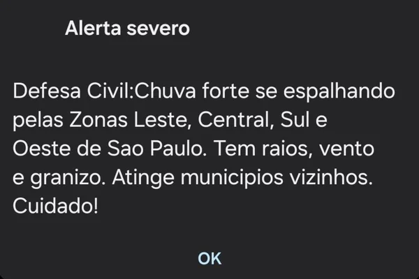 Imagem colorida de alerta da defesa civil para chuvas fortes em SP - Metrópoles
