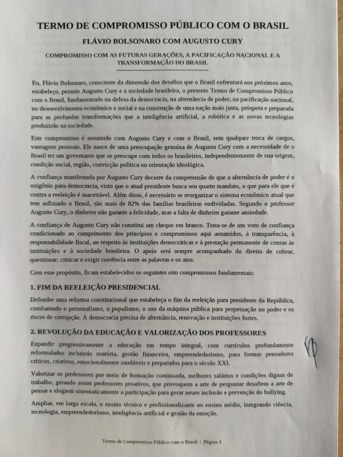 Carta assinada por Flávio Bolsonaro com compromissos firmados pelo apoio de Augusto Cury Carta assinada por Flávio Bolsonaro com compromissos firmados pelo apoio de Augusto Cury