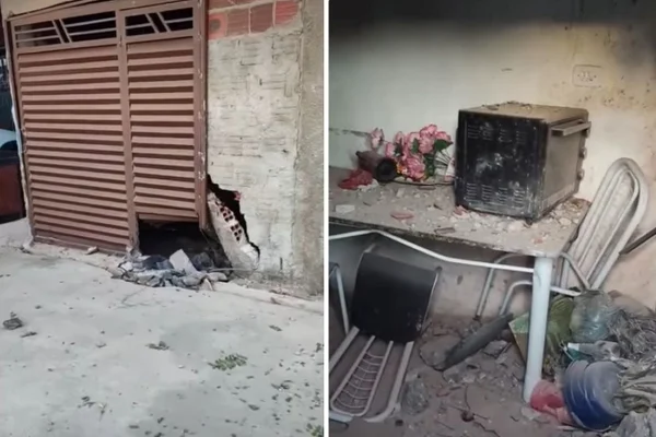 Montagem com fotos coloridas de casas após explosão - Metrópoles