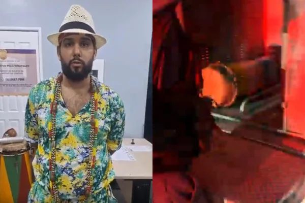montagem com foto de homem de blusa florida e chapeu e foto de instrumento dentro de camburão - metrópoles