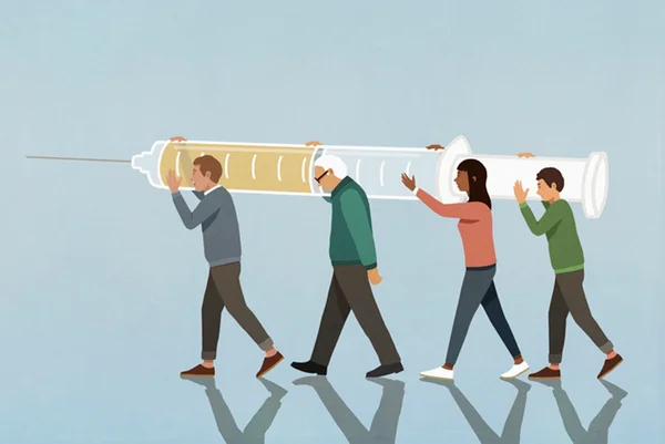 Ilustração de quatro pessoas carregando vacina - Metrópoles