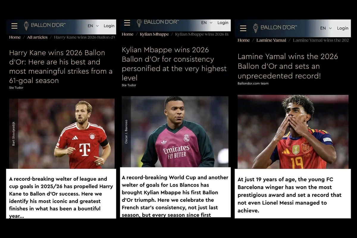 Bola de Ouro: site anuncia Yamal, Mbappé e Kane como vencedores por engano - imagem 1 Bola de Ouro: site anuncia Yamal, Mbappé e Kane como vencedores por engano - imagem 1