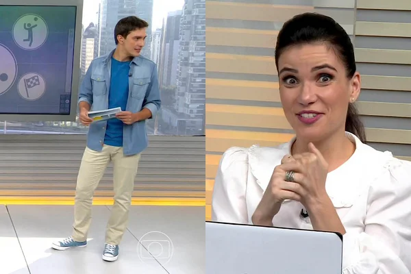 Alessandro Jodar e Sabina Simonato, jornalistas da Globo, em fotos justapostas. Alessandro está de pé, próximo ao telão do estúdio do jornal, e Sabina está sentada diante de um computador - Metrópoles