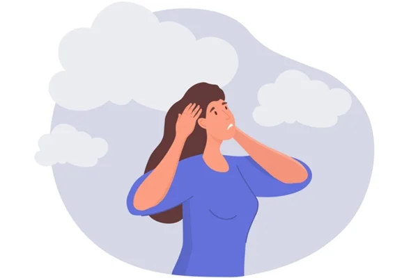 Ilustração colorida de menina segurando a cabeça com as mãos com nuvens ao redor dela - Metrópoles - menopausa