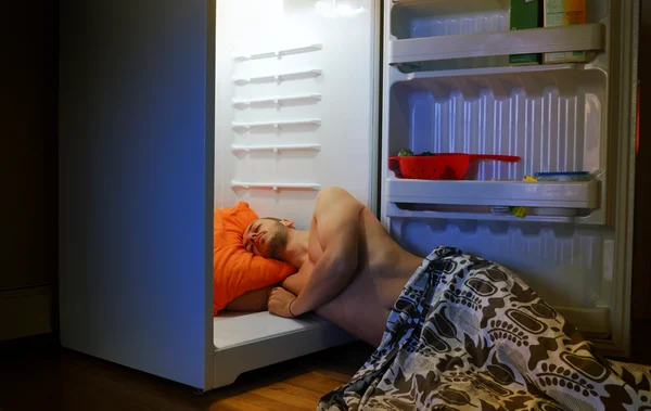 Foto mostra homem deitado dentro de uma geladeira com as portas abertas
