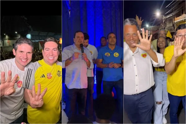 Foto colorida dos líderes partidários Antonio Brito (PSD-BA), Elmar Nascimento (União-BA) e Hugo Motta (Republicanos-PB) nas campanhas das eleições municipais - Metrópoles