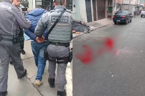 Imagem colorida de montagem com homem preso do lado esquerdo e sangue na rua no lado direito. Metrópoles
