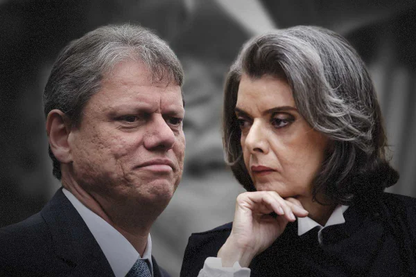 Montagem do governador Tarcísio de freitas e da ministra Cármen Lúcia, do STF.