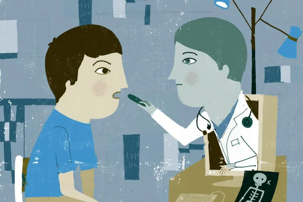Ilustração mostra médico examinando paciente - Metrópoles