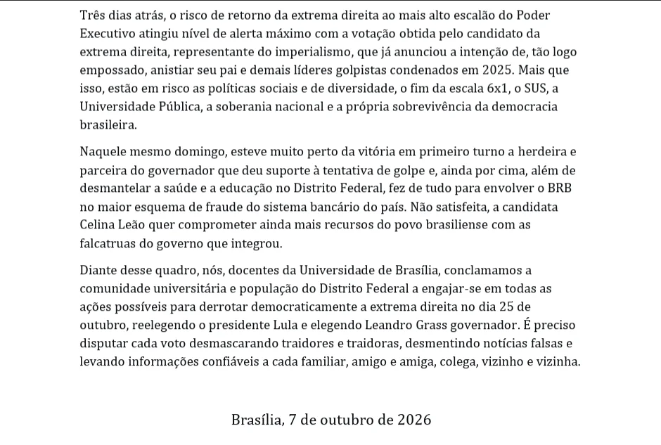 Associação de professores da UnB anuncia apoio a Lula e Grass - imagem 2 Associação de professores da UnB anuncia apoio a Lula e Grass - imagem 2