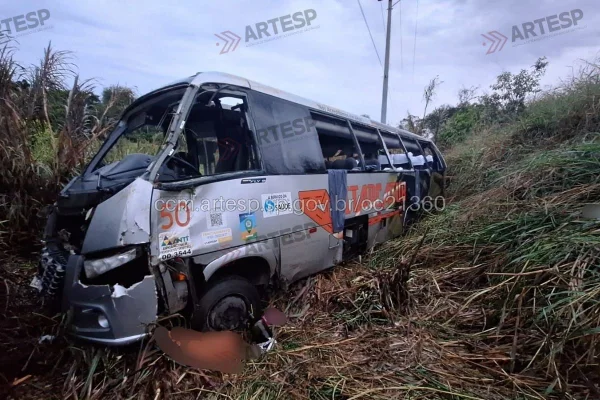 Imagem colorida mostra acidente com micro-ônibus. Metrópoles