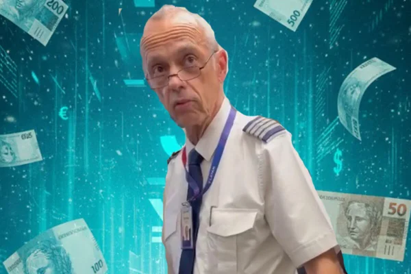 Arte gráfica de homem de cabelos brancos, sem barba, com trajes de piloto de avião sobre um fubdo azul com cédulas de real - Metrópoles