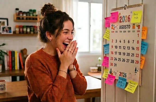 Mulher sorri ao ver calendário de agosto de 2026 com feriado - Metrópoles
