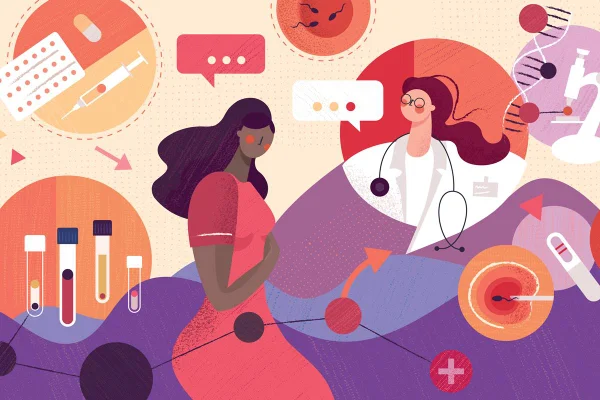 Ilustração colorida mostra mulher conversando com médica, cercada por várias imagens relacionadas ao tratamento, como espermatozóides e pílula anticoncepcional - Metrópoles