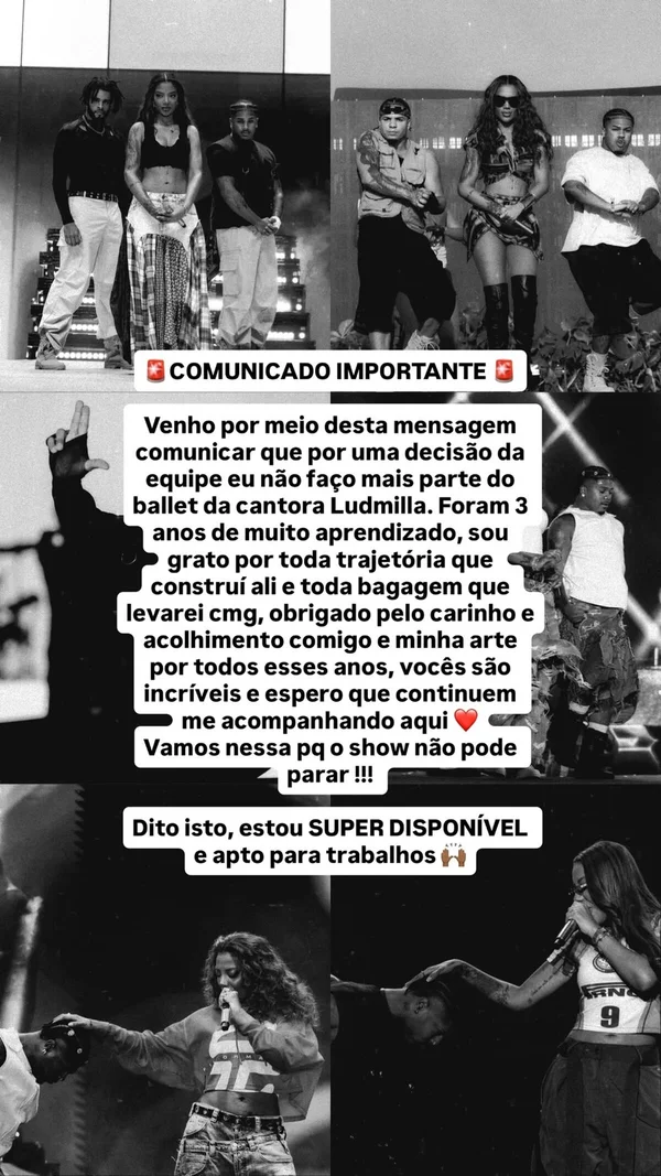 Yuri Costa anuncia saída do balé de Ludmilla e desabafa: “Aprendizado” - destaque galeria Yuri Costa anuncia saída do balé de Ludmilla e desabafa: “Aprendizado” - destaque galeria