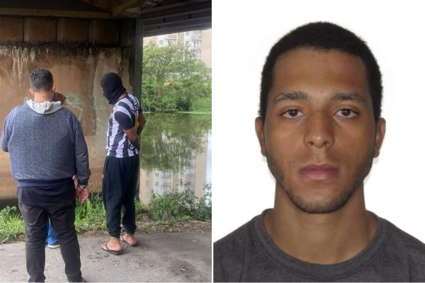 Montagem colorida mostra Natan Roberto, preso por suspeita de matar, esquartejar e desovar corpo da namorada, com capuz preto e algemado em frente à rio onde jogou a vítima.
