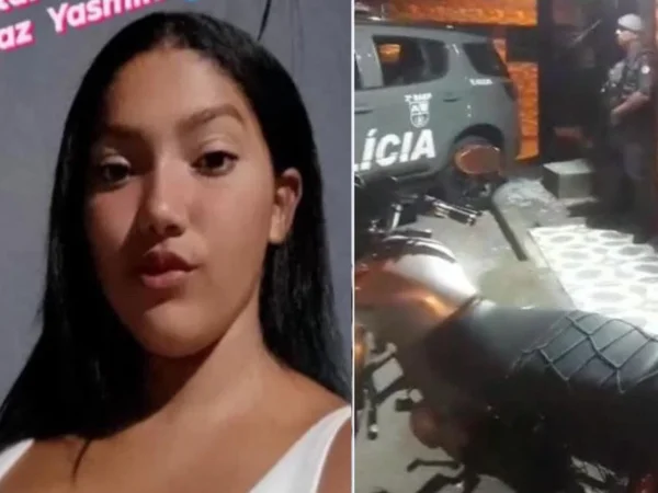 Imagem colorida traz montagem com o rosto de uma mulher jovem, branca, de cabelos negros, de um lado, e uma viatura da polícia e uma moto do outro