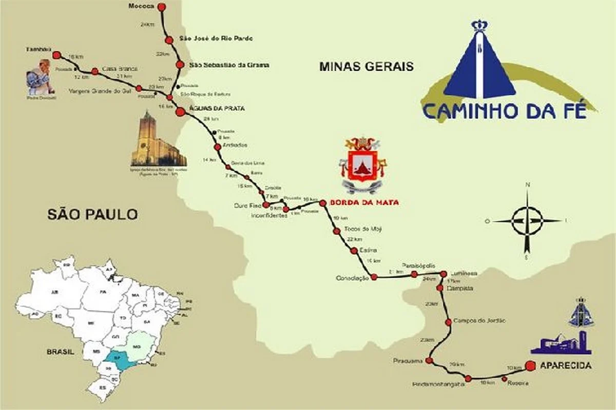 Mapa mostra trajeto do Caminho da Fé, peregrinação até Aparecida (SP) Mapa mostra trajeto do Caminho da Fé, peregrinação até Aparecida (SP)