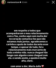 Noiva de Yasmin Santos, Maria Venture anuncia fim do relacionamento Noiva de Yasmin Santos, Maria Venture anuncia fim do relacionamento