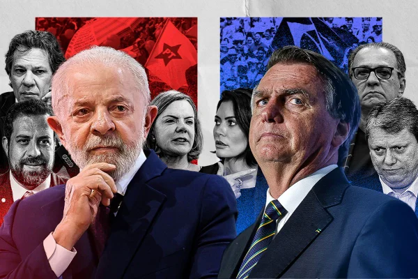 Arte digital contrapõe líderes políticos brasileiros em dois grupos. No lado esquerdo, que tem fundo vermelho, aparecem figuras associadas à esquerda brasileira como Fernando Haddad, Gleisi Hoffmann e Guilherme Boulos. Em destaque, Luiz Inácio Lula da Silva. No lado direito, que tem fundo azul, aparecem figuras associadas à direita brasileira, como Michelle Bolsonaro, Silas Malafaia e Tarcísio de Freitas. Em destaque, Jair Bolsonaro - Metrópoles