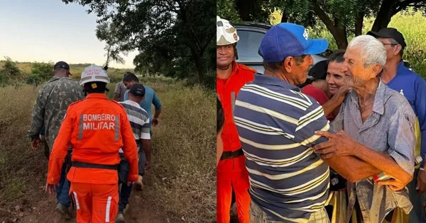Imagem colorida de bombeiros com homem encontrado em mata - Metrópoles