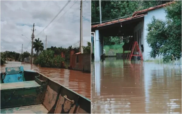 Imagem colorida do alagamento das ruas de Boituva, no litoral paulista, causada por chuvas