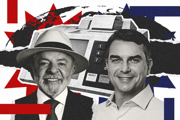 Arte mostra os candidatos Flavio Bolsonaro e Lula a frente de uma urna eletrônica - Metrópoles