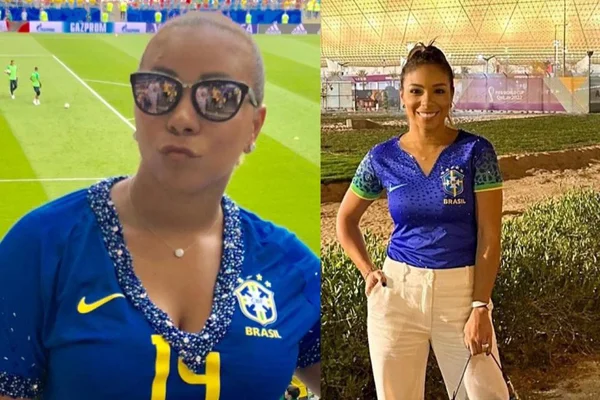 Imagens justapostas mostram a Belle, mulher do jogador da seleção brasileira, Thiago Silva, posando para fotos. As fotos são separadas por quatro anos e mostram-a mais magra - Metrópoles