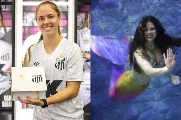 Grávida de 12 semanas, a atacante do Santos Futebol Clube, Ketlen Wiggers, contou com a ajuda de uma sereia para o chá revelação de seu bebê - Metrópoles