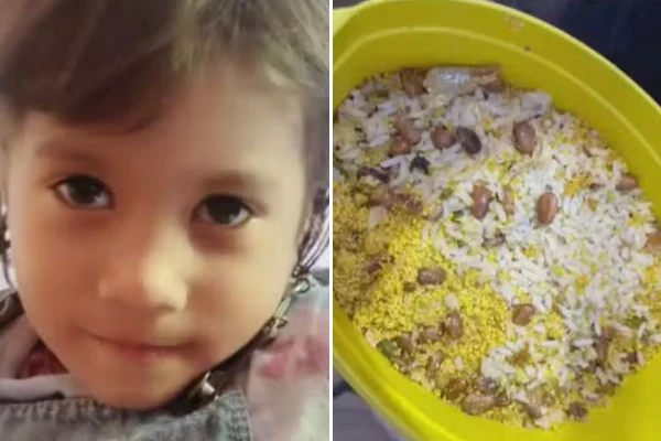 Montages com fotos coloridas de Maria Gabriela Silva, de 4 anos, ao lad de arroz envenenado - Metrópoles