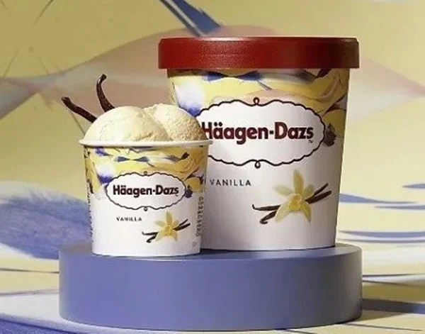 Potes grande e pequenos do sorvete Häagen-Dazs sabor baunilha em campanha publicitária - Metrópoles