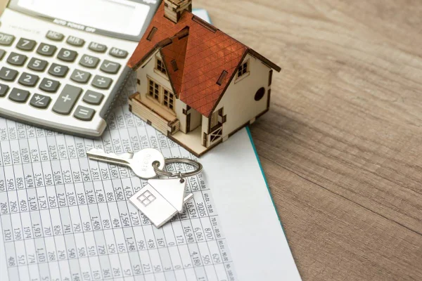 Imagem de uma miniatura de casa em cima de folha de papel com vários números e ao lado de uma calculadora - Metrópoles