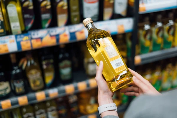 Perto de uma jovem fazendo compras em um supermercado. Parado no corredor, segurando uma garrafa de óleo de cozinha orgânico, lendo o rótulo nutricional e verificando os ingredientes no verso -Metrópoles