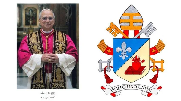 Imagem colorida mostra papa Leão XIV e brasão - Metrópoles