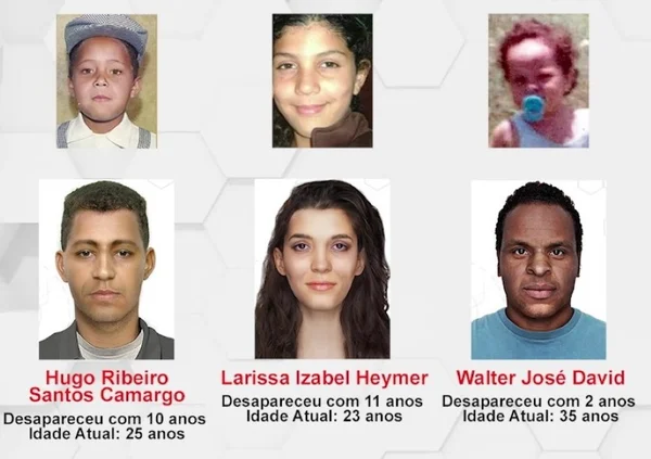 Fotos de crianças desparecidas e simulação sobre como estariam atualmente