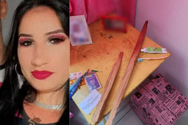 Imagem colorida mostra rosto de uma mulher branca com cabelo preto e batom vermelho e pedaços de pau usados para matar ela - Metrópoles