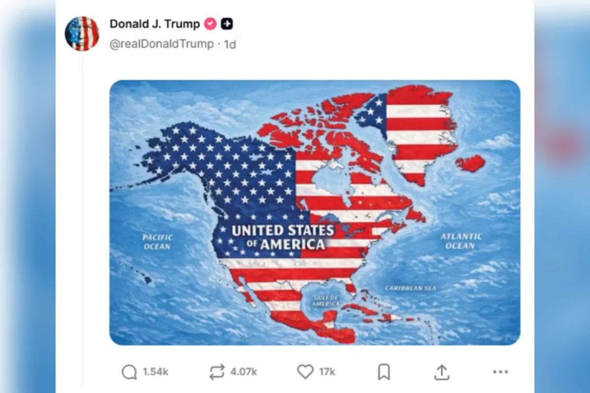 Donald Trump publica imagem sugerindo uma expansão territorial dos Estados Unidos sobre Canadá, Groenlândia e outras áreas. Donald Trump publica imagem sugerindo uma expansão territorial dos Estados Unidos sobre Canadá, Groenlândia e outras áreas.