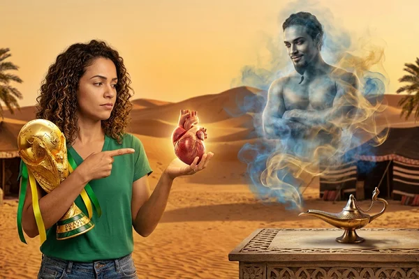 Imagem gerada por IA de mulher diante de um gênio da lâmpada, segurando a taça da Copa do Mundo e um coração na outra mão