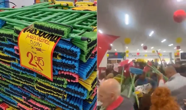Imagem colorida de cartaz de promoção de vassouras; e pessoas brigando por item doméstico - Metrópoles