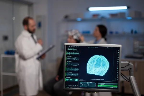 Mulher no consultório tirando dúvidas com o neurologista sobre implantes cerebrais